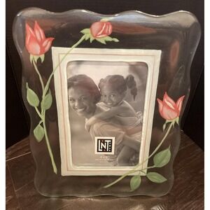 Stiffel 4x6 Picture Frame Clear‎ Pink Hand Painted Rose Scalloped Glass Decor